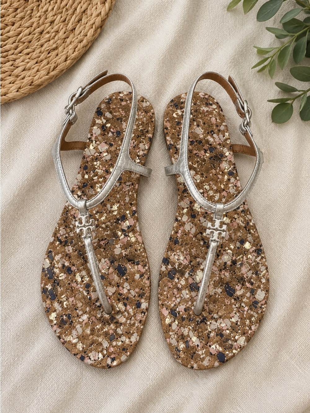 Tory Burch Metallic Silver Miller Cork Sandals Size 9.5